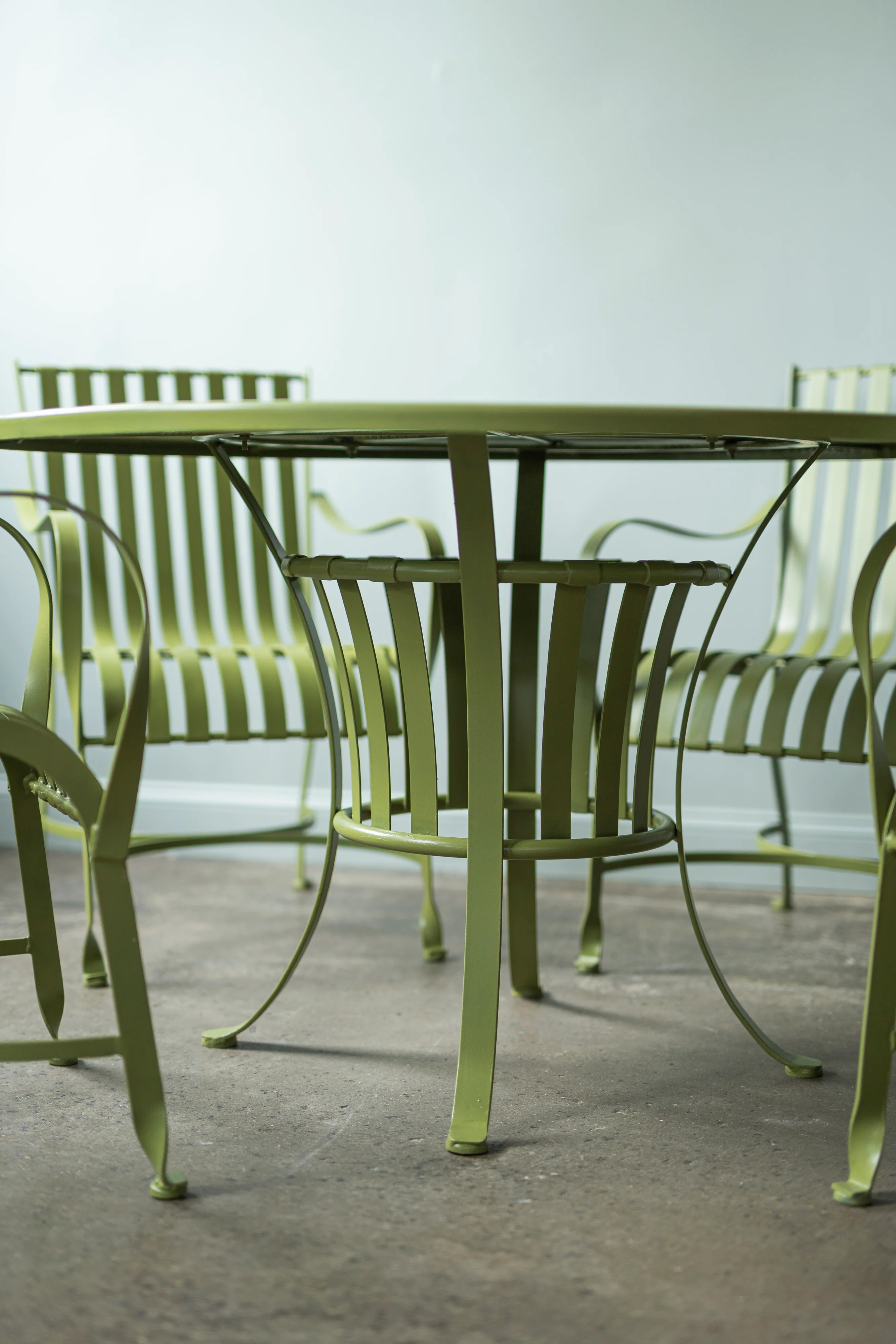 Green Outdoor Table and Set of Four Chairs