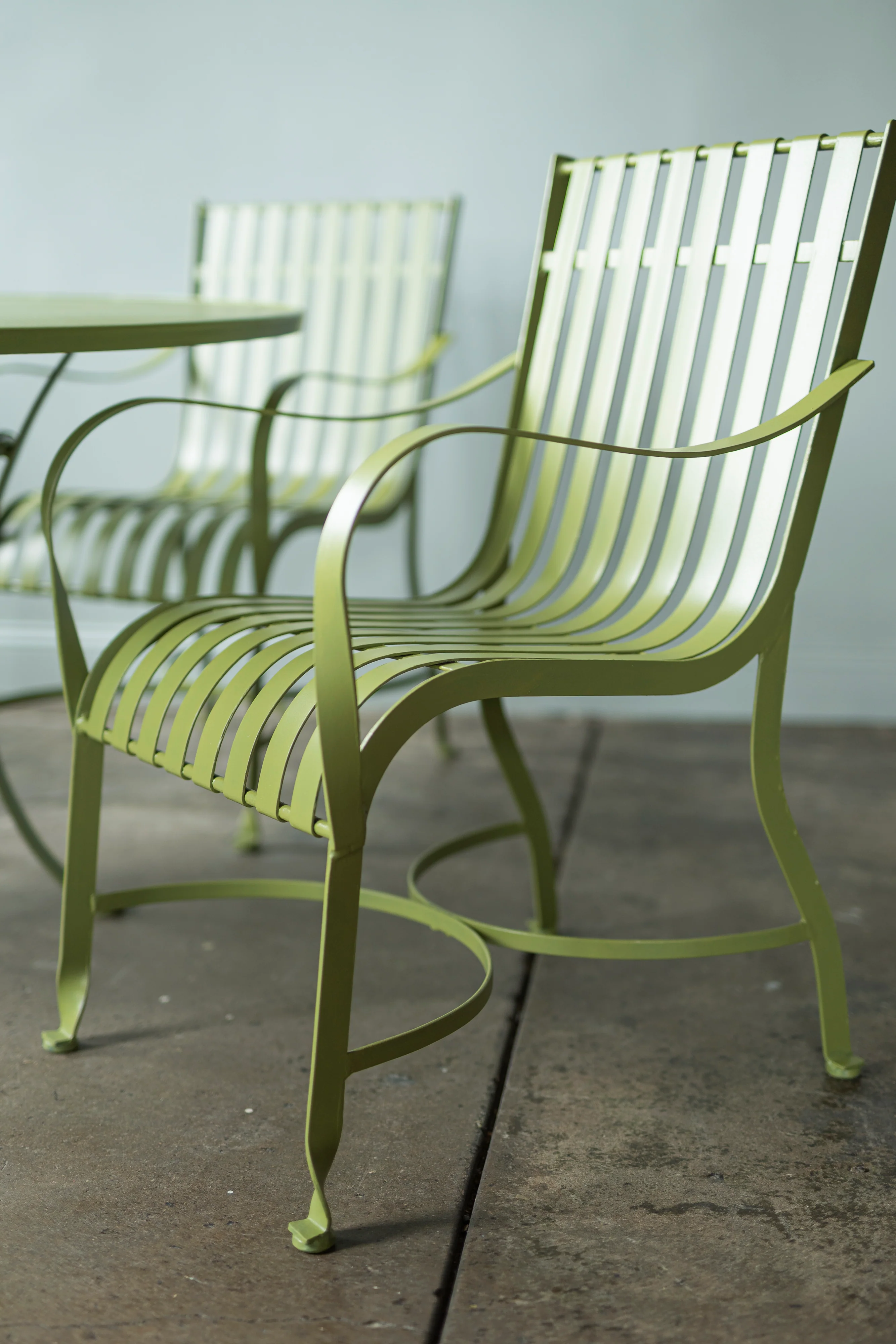 Green Outdoor Table and Set of Four Chairs