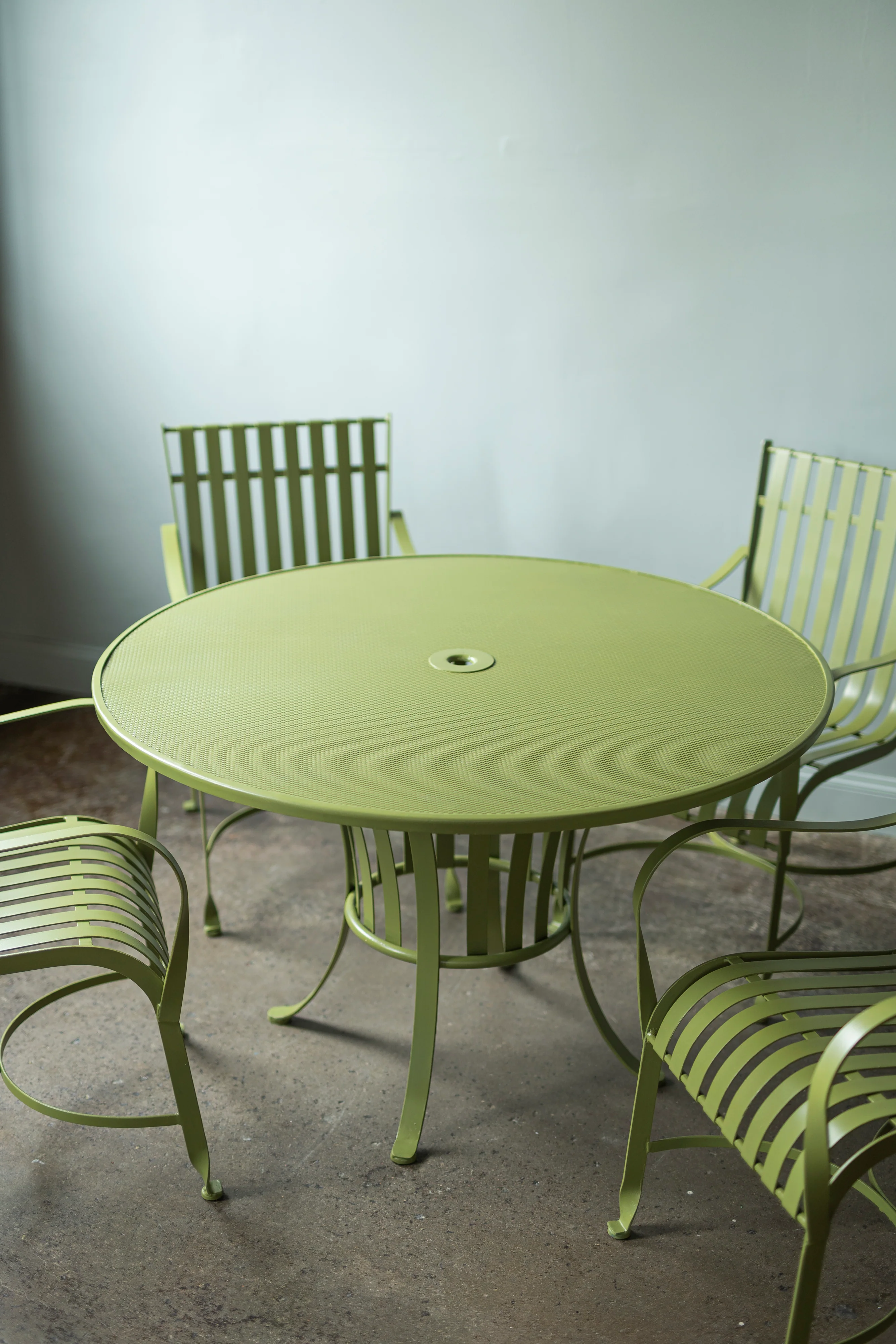 Green Outdoor Table and Set of Four Chairs