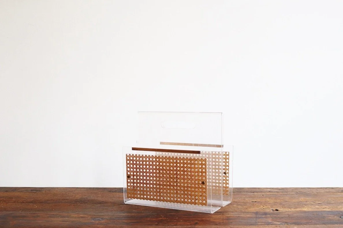 Lucite and Rattan Magazine Rack
