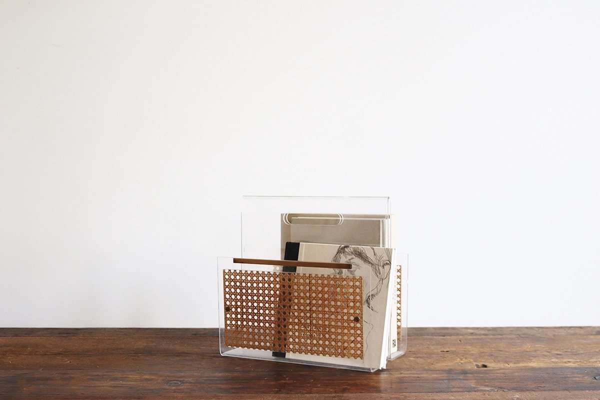 Lucite and Rattan Magazine Rack