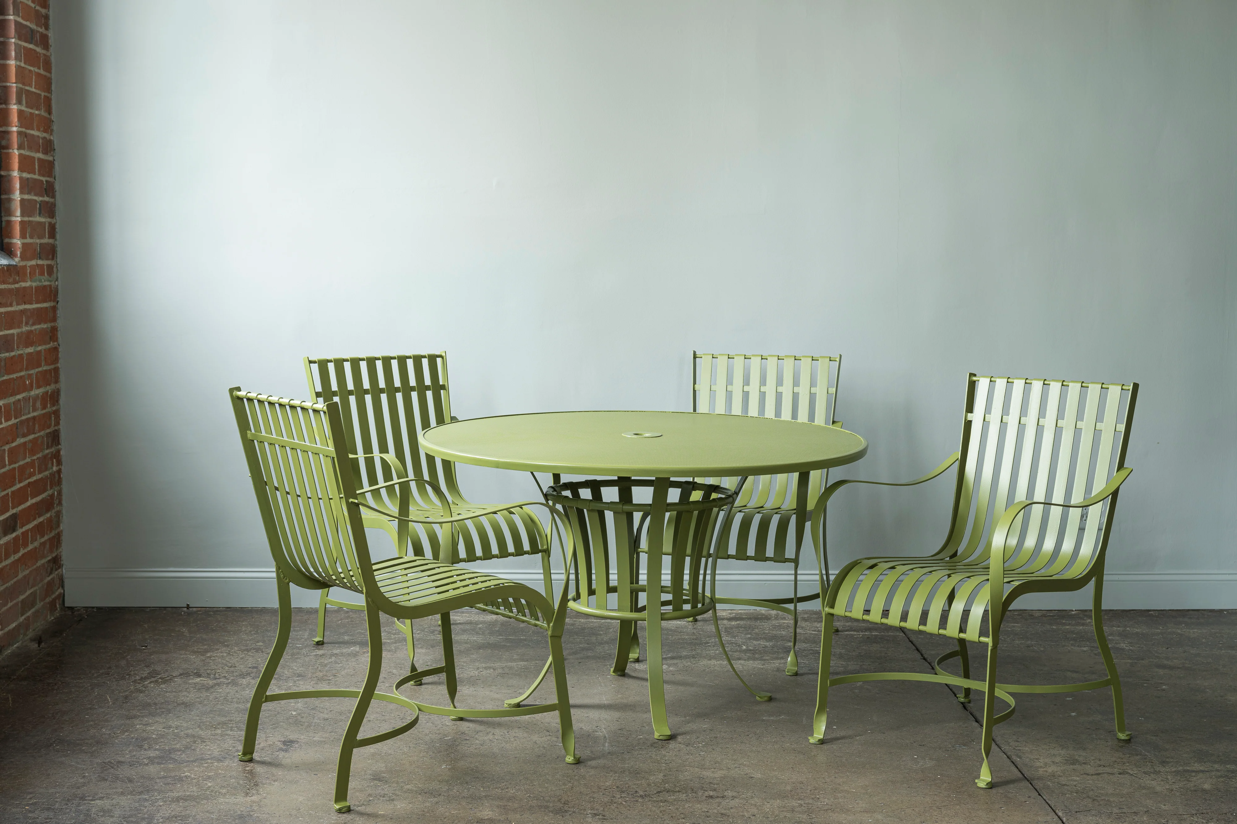 Green Outdoor Table and Set of Four Chairs