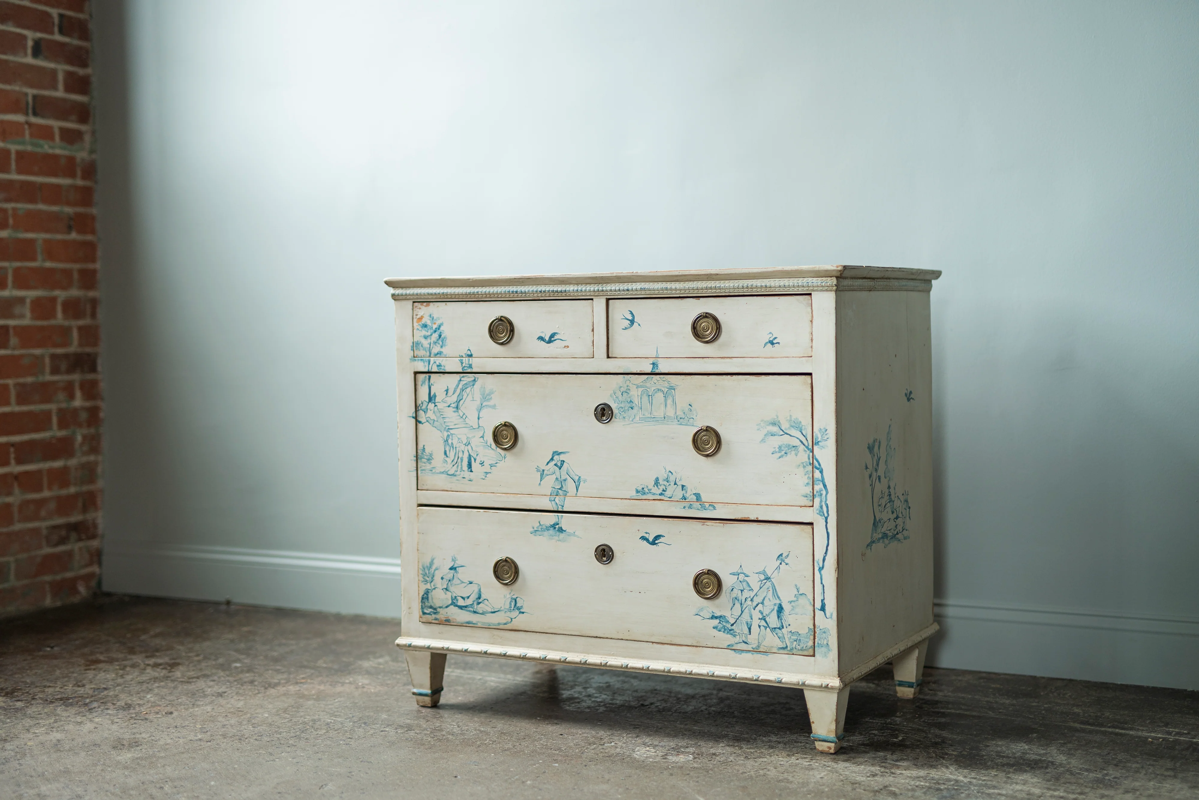 Blue and White Painted Toile Chest